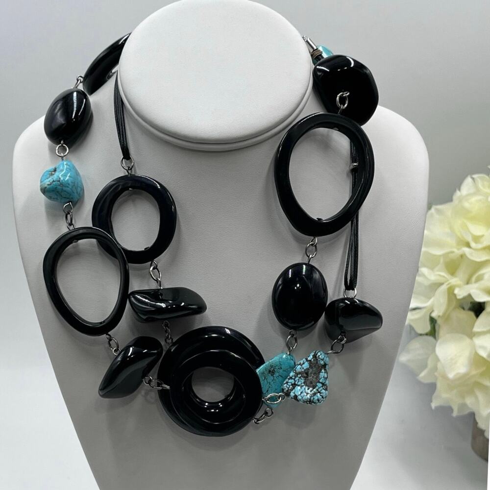 Chicos Turquoise Howlite Black Acrylic Chain Chunky Boho Statement Necklace NWT